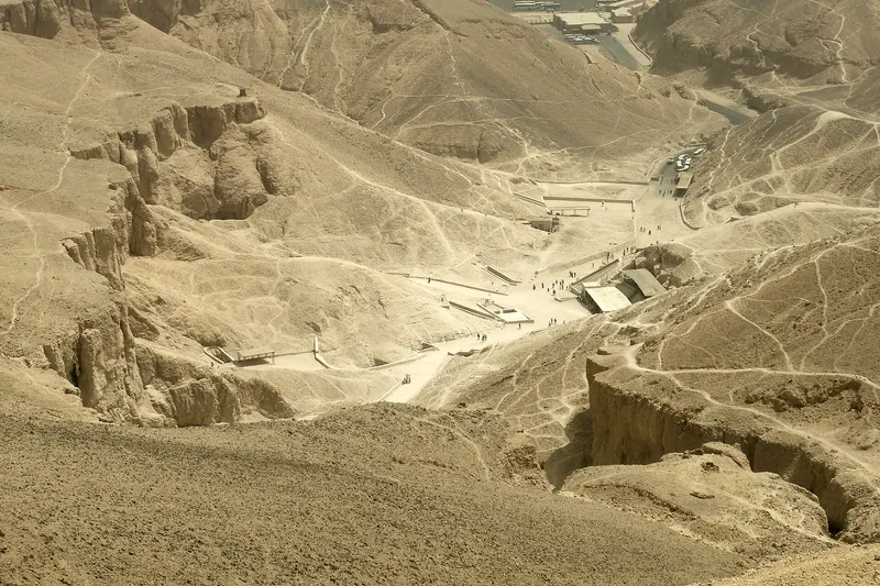 Entrance area of the Valley of the Kings among desert hills